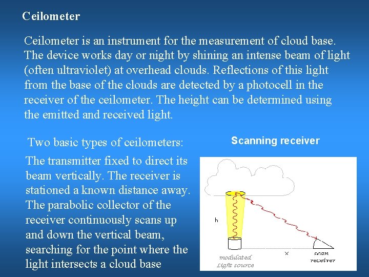 Ceilometer is an instrument for the measurement of cloud base. The device works day