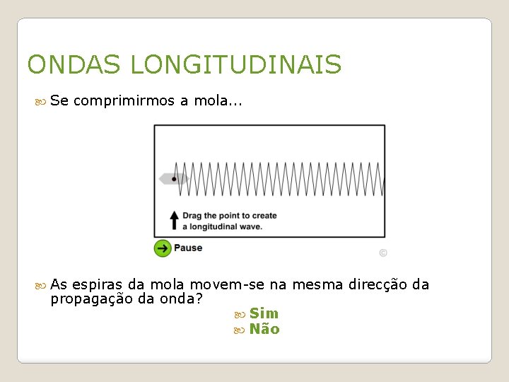 ONDAS LONGITUDINAIS Se As comprimirmos a mola. . . espiras da mola movem-se na