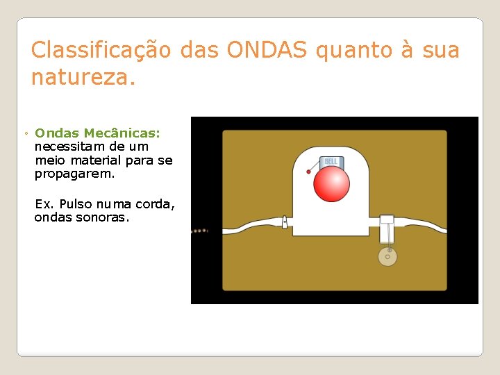 Classificação das ONDAS quanto à sua natureza. ◦ Ondas Mecânicas: necessitam de um meio