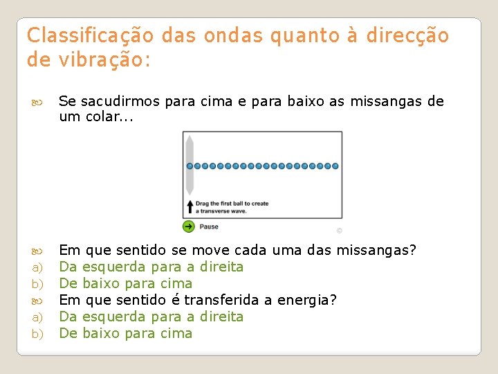 Classificação das ondas quanto à direcção de vibração: Se sacudirmos para cima e para