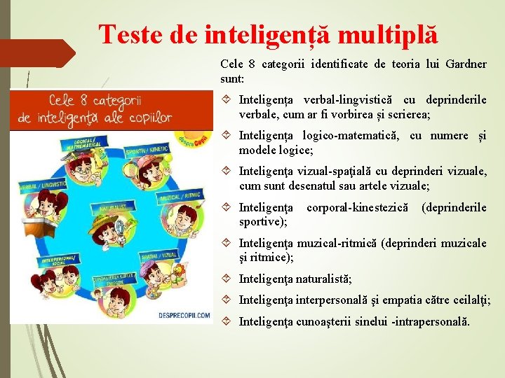 Teste de inteligență multiplă Cele 8 categorii identificate de teoria lui Gardner sunt: Inteligența