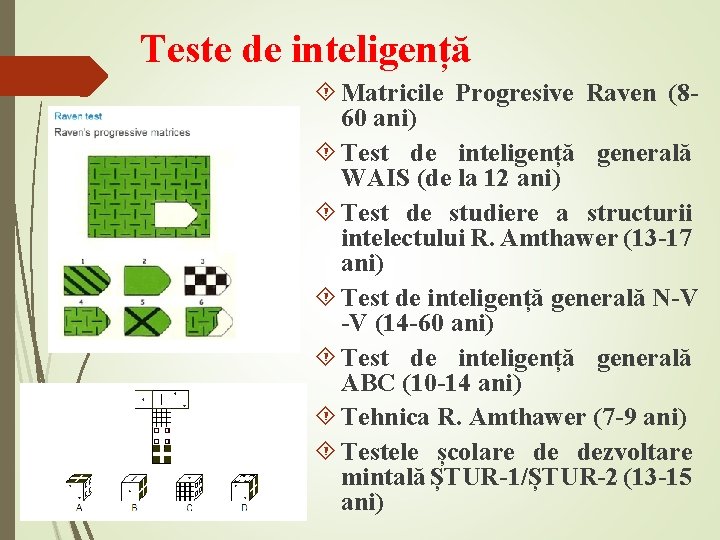 Teste de inteligență Matricile Progresive Raven (860 ani) Test de inteligență generală WAIS (de
