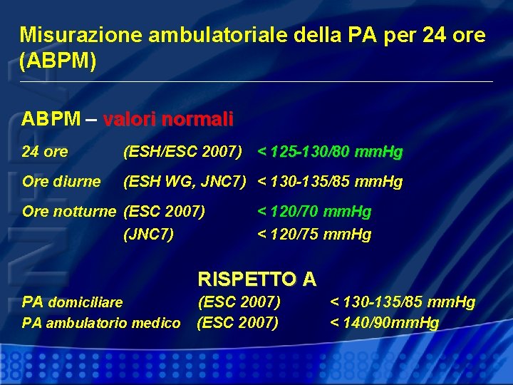 Misurazione ambulatoriale della PA per 24 ore (ABPM) ABPM – valori normali 24 ore