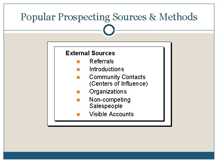 Popular Prospecting Sources & Methods External Sources n Referrals n Introductions n Community Contacts