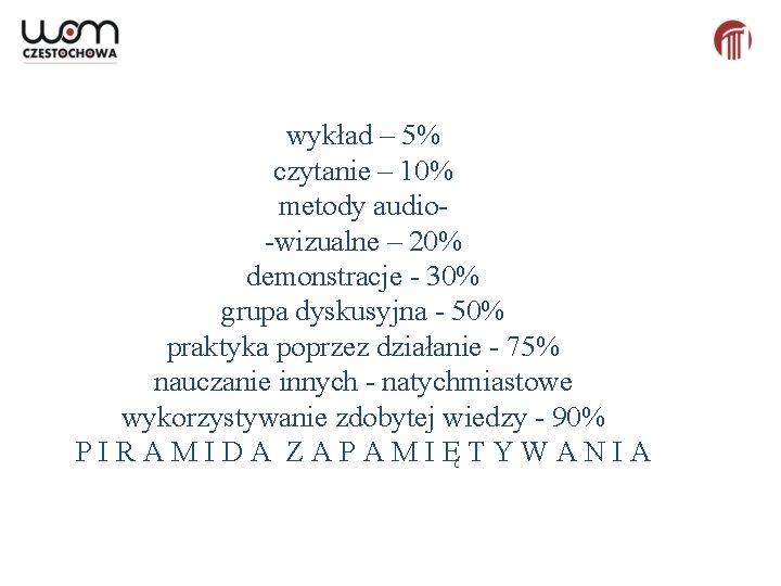 wykład – 5% czytanie – 10% metody audio-wizualne – 20% demonstracje - 30% grupa