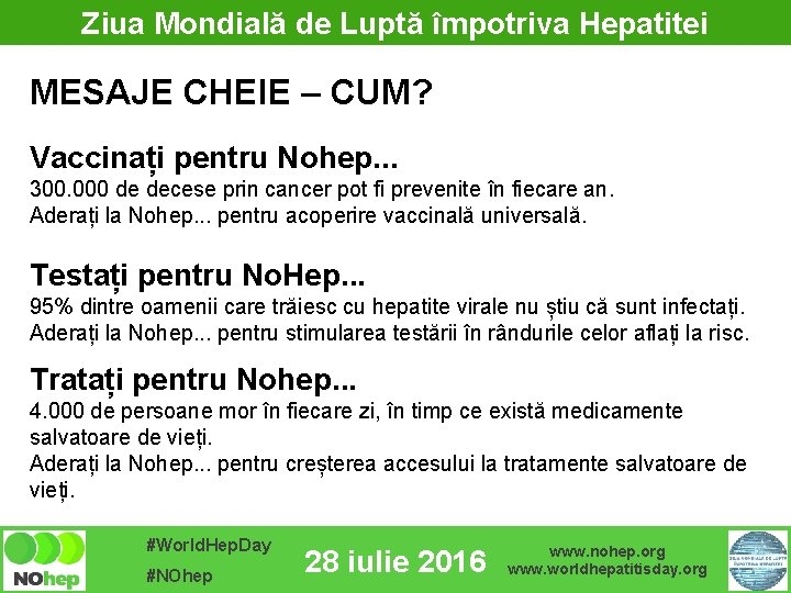 Ziua Mondială de Luptă împotriva Hepatitei MESAJE CHEIE – CUM? Vaccinați pentru Nohep. .