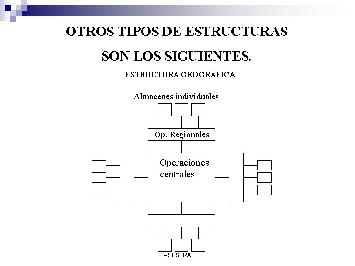 OTROS TIPOS DE ESTRUCTURAS SON LOS SIGUIENTES. ESTRUCTURA GEOGRAFICA Almacenes individuales Op. Regionales Operaciones OTROS TIPOS DE ESTRUCTURAS SON LOS SIGUIENTES. ESTRUCTURA GEOGRAFICA Almacenes individuales Op. Regionales Operaciones