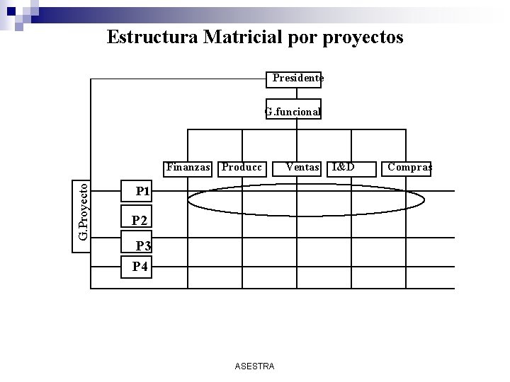 Estructura Matricial por proyectos Presidente G. funcional G. Proyecto Finanzas Producc P 1 P