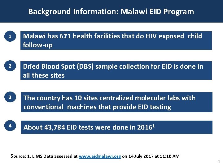 Background Information: Malawi EID Program 1 Malawi has 671 health facilities that do HIV