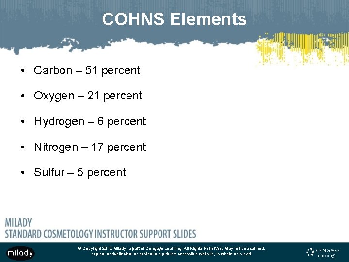 COHNS Elements • Carbon – 51 percent • Oxygen – 21 percent • Hydrogen