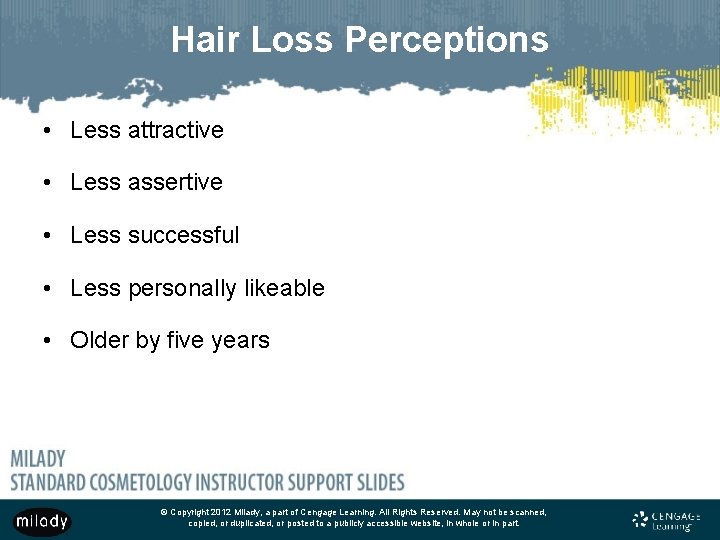 Hair Loss Perceptions • Less attractive • Less assertive • Less successful • Less