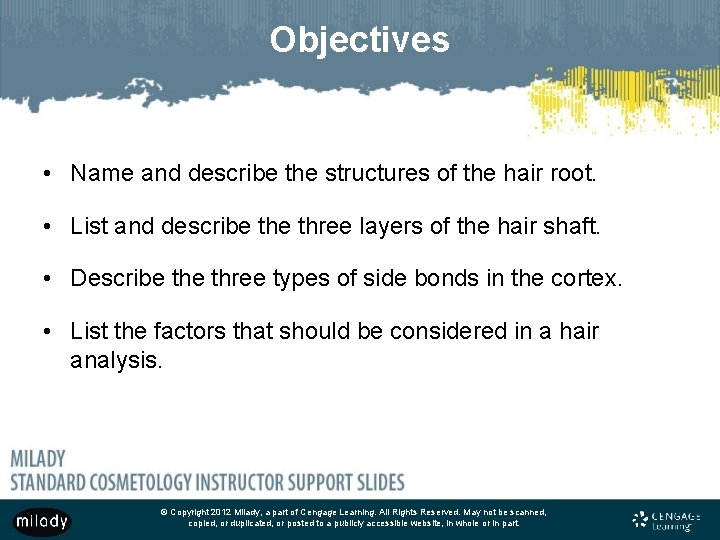 Objectives • Name and describe the structures of the hair root. • List and