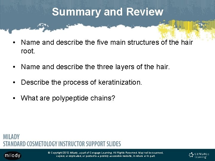 Summary and Review • Name and describe the five main structures of the hair