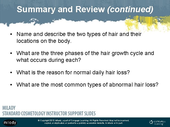 Summary and Review (continued) • Name and describe the two types of hair and