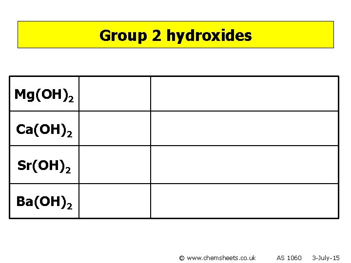 Group 2 hydroxides Mg(OH)2 Ca(OH)2 Sr(OH)2 Ba(OH)2 © www. chemsheets. co. uk AS 1060