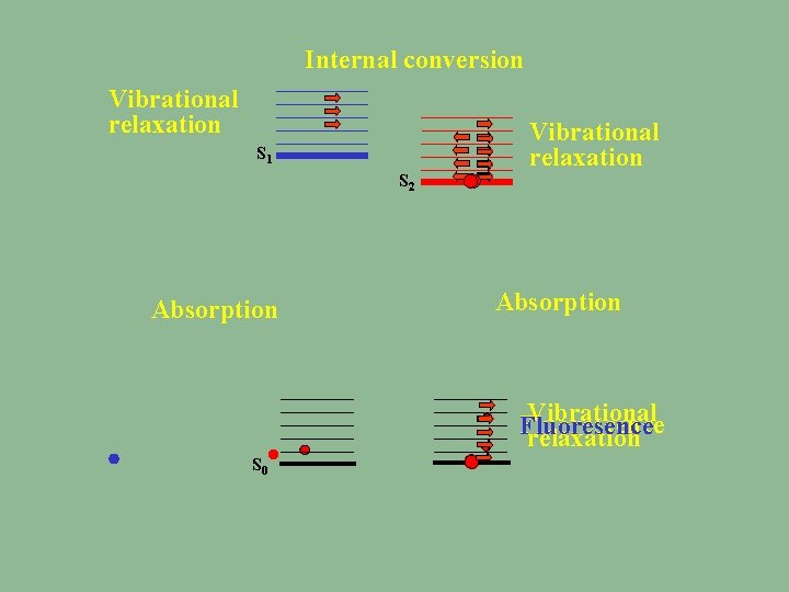 Internal conversion Vibrational relaxation S 1 S 2 Absorption Vibrational relaxation Absorption Vibrational Fluorescence