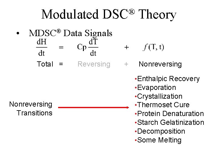 Modulated ® DSC Theory • MDSC® Data Signals Total = Nonreversing Transitions Reversing + Modulated ® DSC Theory • MDSC® Data Signals Total = Nonreversing Transitions Reversing +