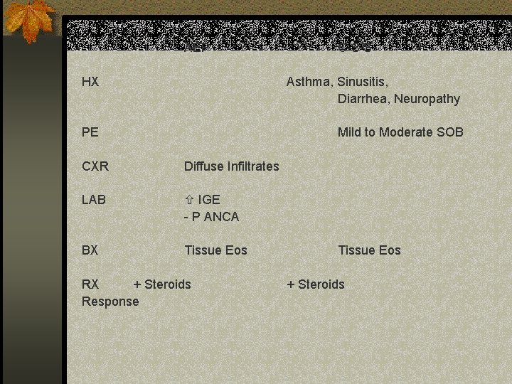 AEP C-S S HX Asthma, Sinusitis, Diarrhea, Neuropathy PE Mild to Moderate SOB CXR