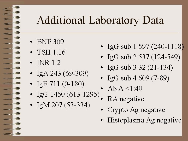 Additional Laboratory Data • • BNP 309 • TSH 1. 16 • INR 1.