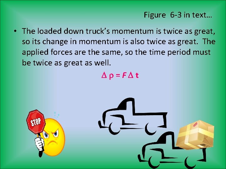 Figure 6 -3 in text… • The loaded down truck’s momentum is twice as