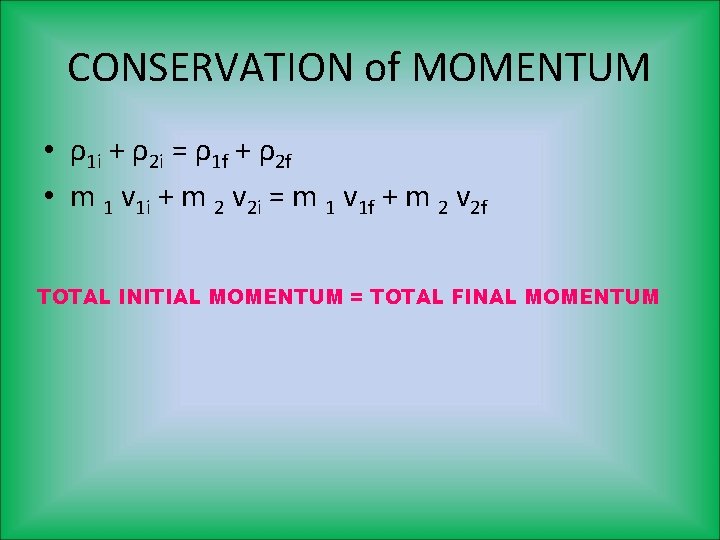CONSERVATION of MOMENTUM • ρ1 i + ρ2 i = ρ1 f + ρ2 CONSERVATION of MOMENTUM • ρ1 i + ρ2 i = ρ1 f + ρ2
