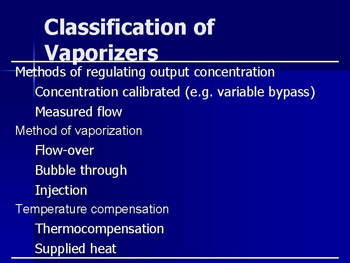 Classification of Vaporizers Methods of regulating output concentration Concentration calibrated (e. g. variable bypass)