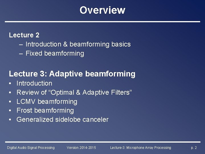 Overview Lecture 2 – Introduction & beamforming basics – Fixed beamforming Lecture 3: Adaptive