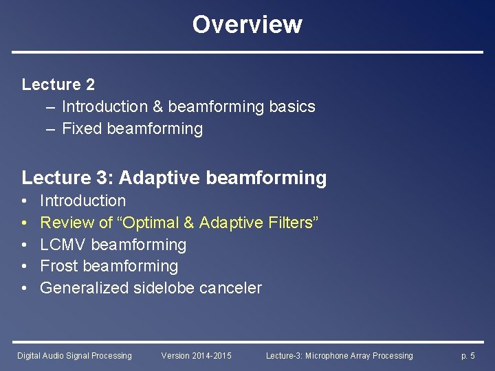 Overview Lecture 2 – Introduction & beamforming basics – Fixed beamforming Lecture 3: Adaptive
