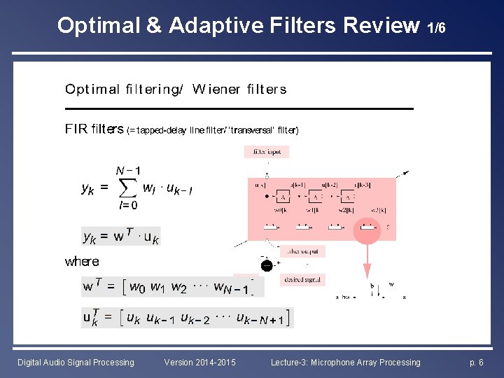 Optimal & Adaptive Filters Review 1/6 Digital Audio Signal Processing Version 2014 -2015 Lecture-3: Optimal & Adaptive Filters Review 1/6 Digital Audio Signal Processing Version 2014 -2015 Lecture-3: