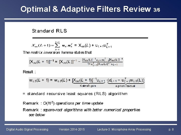 Optimal & Adaptive Filters Review 3/6 Digital Audio Signal Processing Version 2014 -2015 Lecture-3: