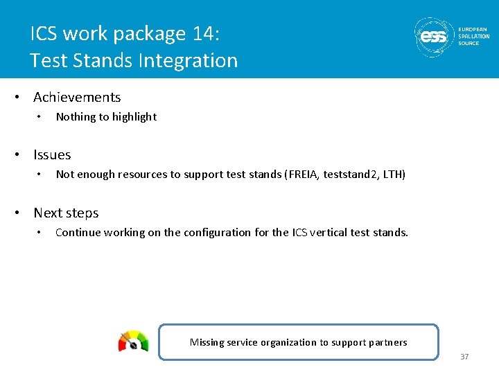 ICS work package 14: Test Stands Integration • Achievements • Nothing to highlight •