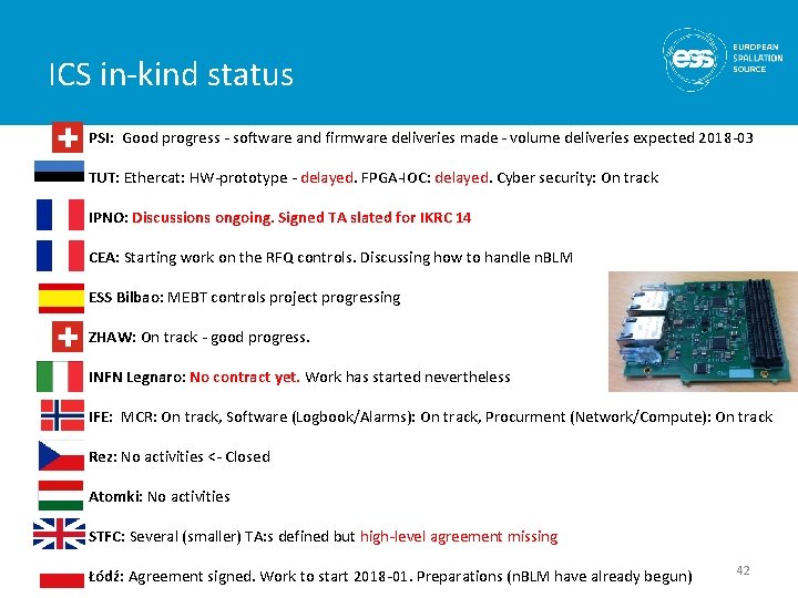 ICS in-kind status – PSI: Good progress - software and firmware deliveries made -