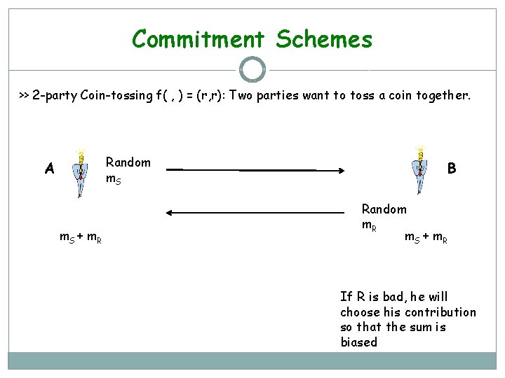 Commitment Schemes >> 2 -party Coin-tossing f( , ) = (r, r): Two parties