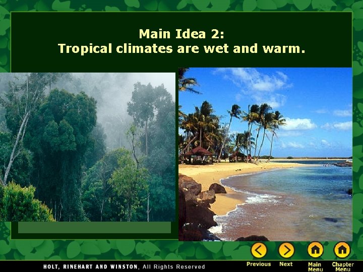 Main Idea 2: Tropical climates are wet and warm. Humid Tropical Climate • At