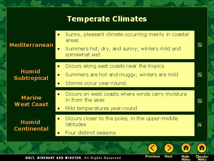 Temperate Climates Mediterranean Humid Subtropical Marine West Coast Humid Continental • Sunny, pleasant climate
