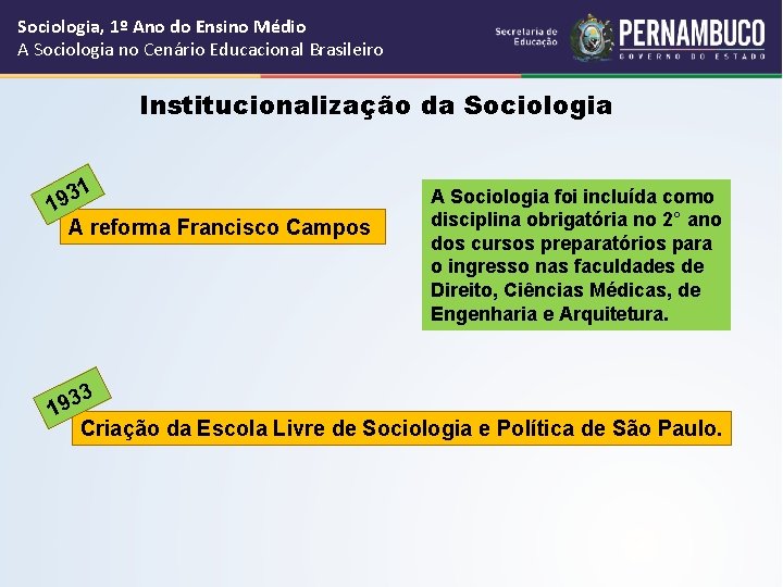 Sociologia, 1º Ano do Ensino Médio A Sociologia no Cenário Educacional Brasileiro Institucionalização da