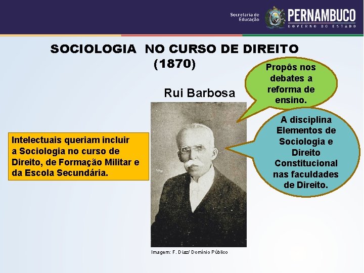 SOCIOLOGIA NO CURSO DE DIREITO (1870) Propôs nos Rui Barbosa debates a reforma de