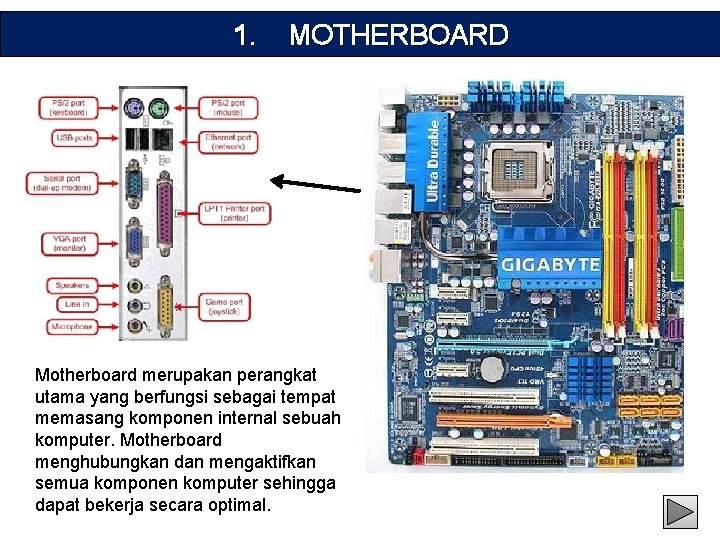 1. MOTHERBOARD Motherboard merupakan perangkat utama yang berfungsi sebagai tempat memasang komponen internal sebuah