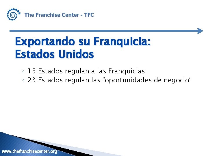 Exportando su Franquicia: Estados Unidos ◦ 15 Estados regulan a las Franquicias ◦ 23