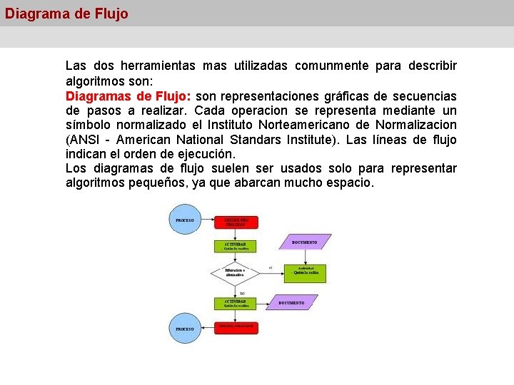 Diagrama de Flujo Las dos herramientas mas utilizadas comunmente para describir algoritmos son: Diagramas