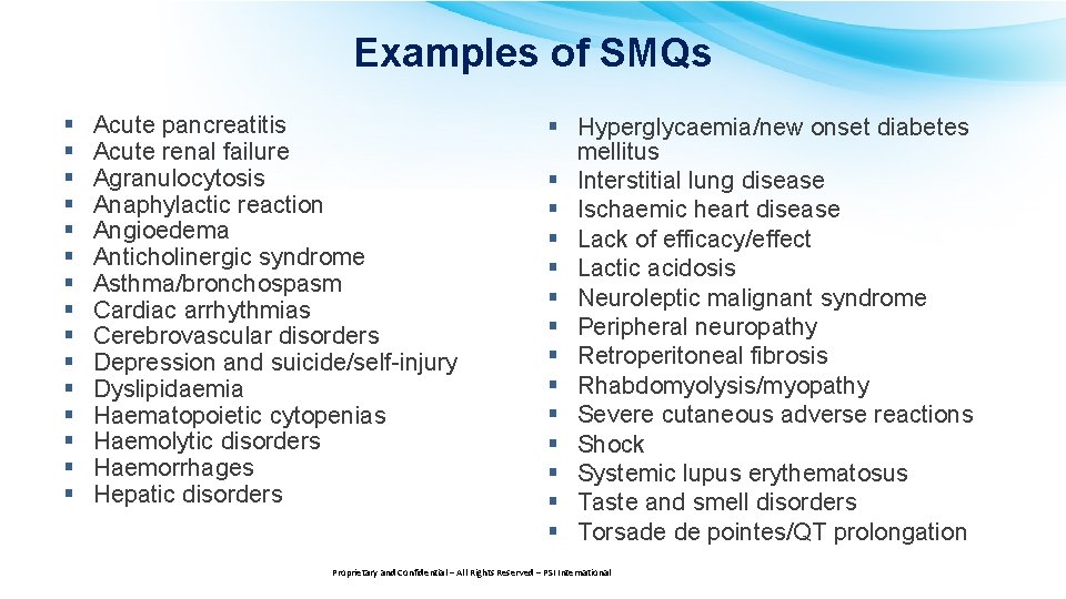 Examples of SMQs § § § § Acute pancreatitis Acute renal failure Agranulocytosis Anaphylactic