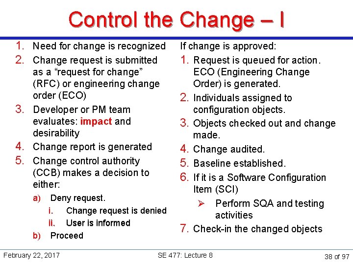 Control the Change – I 1. Need for change is recognized 2. Change request