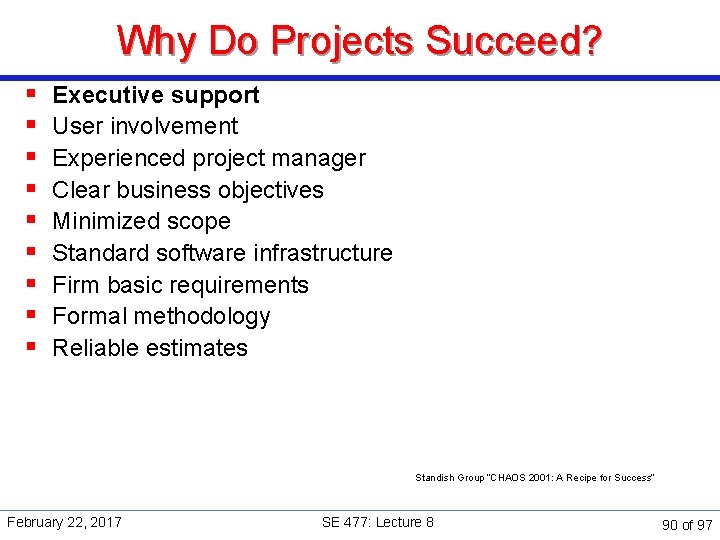 Why Do Projects Succeed? § § § § § Executive support User involvement Experienced