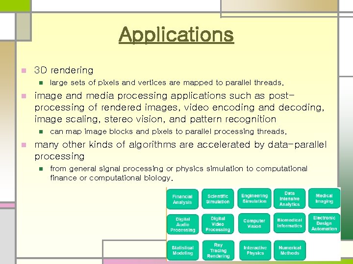 Applications n 3 D rendering n n image and media processing applications such as Applications n 3 D rendering n n image and media processing applications such as