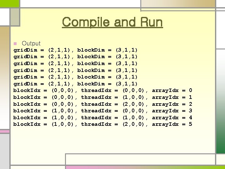 Compile and Run n Output grid. Dim = (2, 1, 1), block. Dim = Compile and Run n Output grid. Dim = (2, 1, 1), block. Dim =