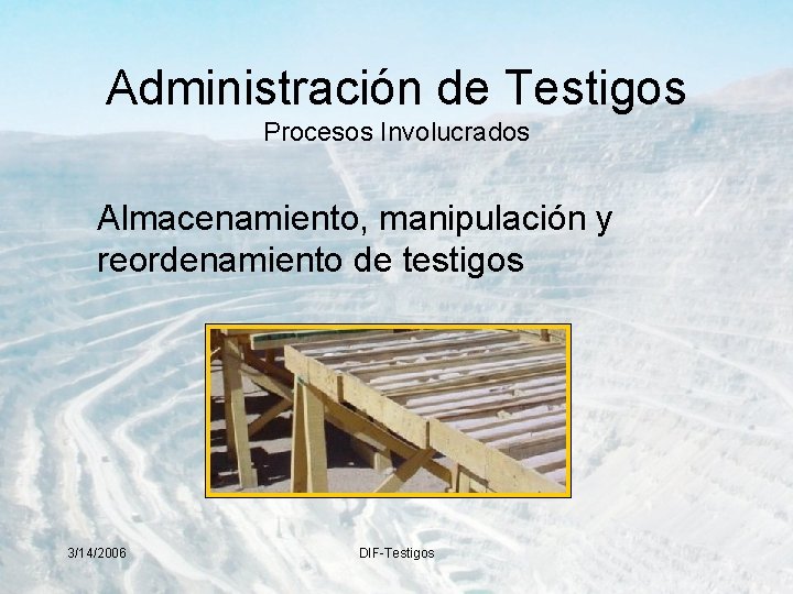 Administración de Testigos Procesos Involucrados Almacenamiento, manipulación y reordenamiento de testigos 3/14/2006 DIF-Testigos 