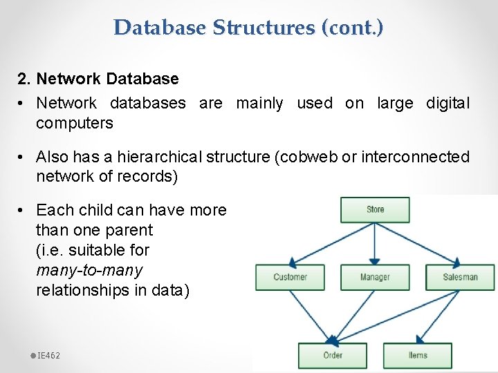 Database Structures (cont. ) 2. Network Database • Network databases are mainly used on