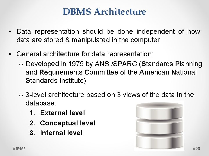 DBMS Architecture • Data representation should be done independent of how data are stored