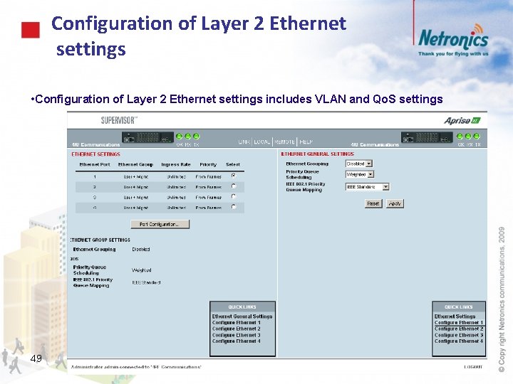 Configuration of Layer 2 Ethernet settings • Configuration of Layer 2 Ethernet settings includes