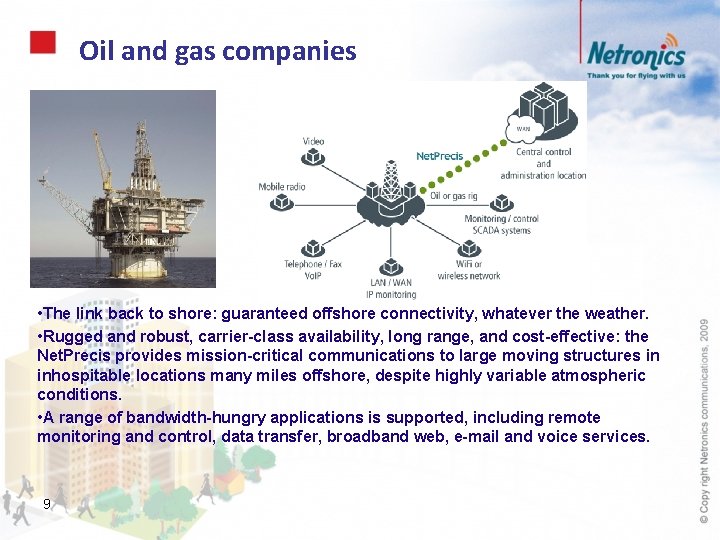 Oil and gas companies • The link back to shore: guaranteed offshore connectivity, whatever